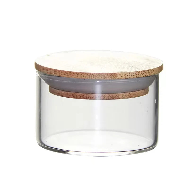 Small Capacity Kitchen Storage Glass Jar with Bamboo Cover 40ml 50ml Capacity for Storing Cookies Coffee Beans Other Items