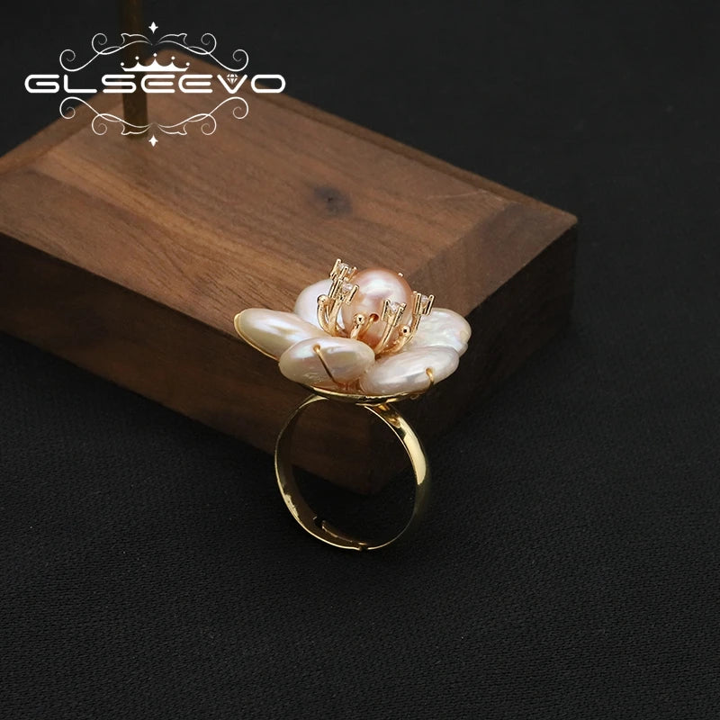 Natural Freshwater Pink Pearl Baroque Adjustable Ring Fashion Exquisite Beautiful Flower Ring Zircon Gold Plated Women Jewelry