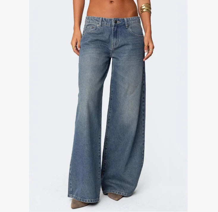 New Arrivals Women Jeans Pants Fashion Denim Pants High Waist Straight Washed Blue Wide Leg Jeans