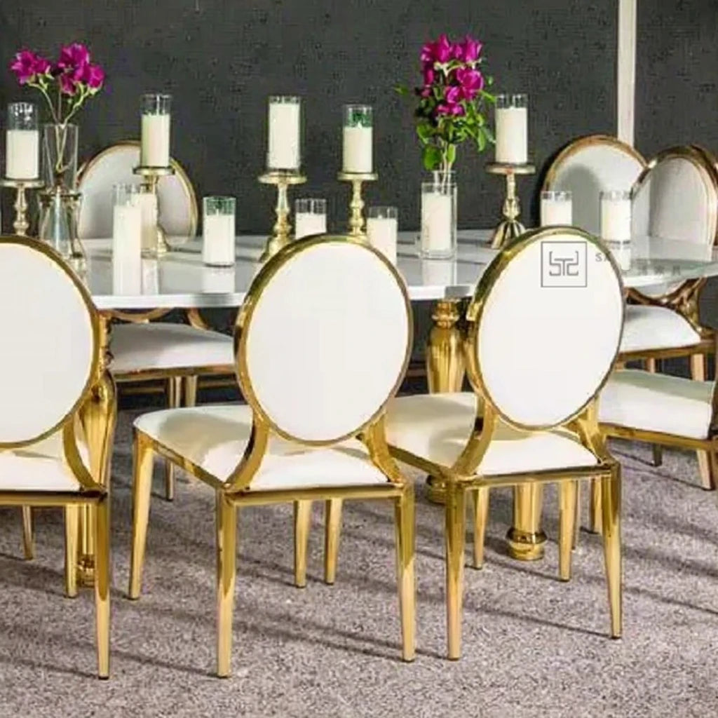Modern White Gold Silver Stackable Dining Room Chairs with Durable Leather for Hotel Use and Wedding Banquets Events