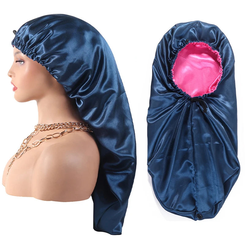 Wholesale Extra Long Double Layer Reversible Braid Hair Satin Bonnet Custom Designer Chemotherapy Caps for Beach Travel Party