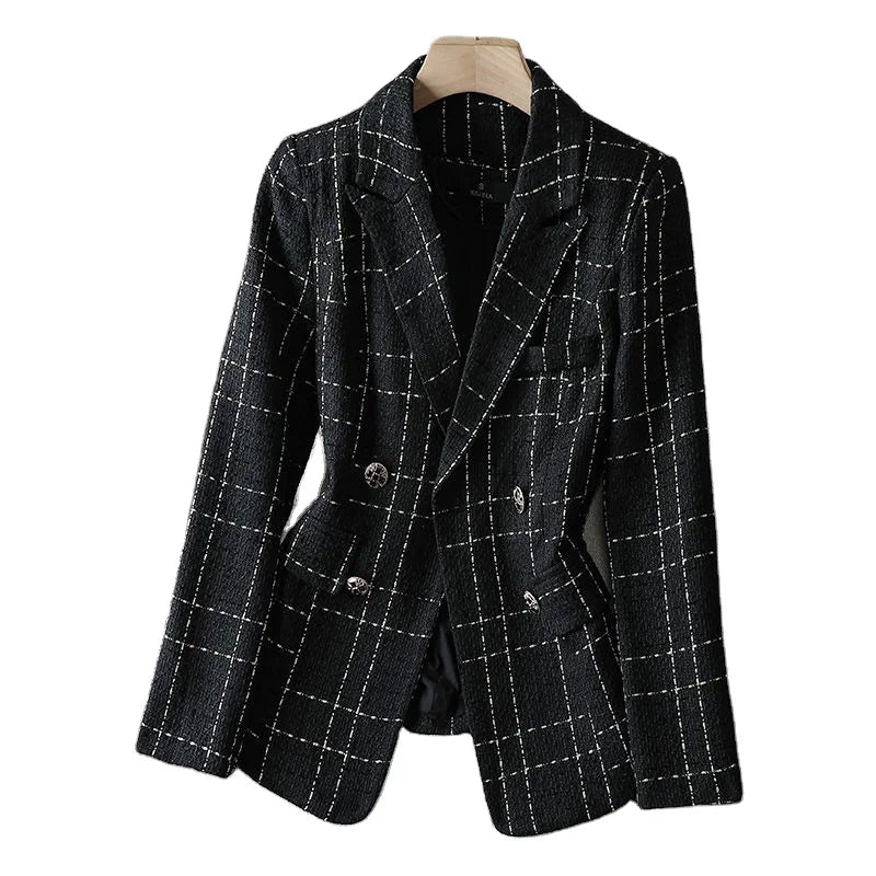 S-XXL Women Black White Plaid Blazer Ladies Autumn Winter Outwear Female Long Sleeve Single Breasted Work Wear Jacket Coat