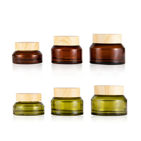 1oz Empty Cream Jar Amber Glass Sample Jars 15ml Cosmetic Refillable Container With Wood Grain Lid for Lotion Lip Balm