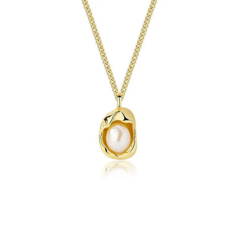 Fashion Jewelry Hammered Gold Plated Sterling 925 Silver Pearl Chain Necklace Pendant for Women Jewelry