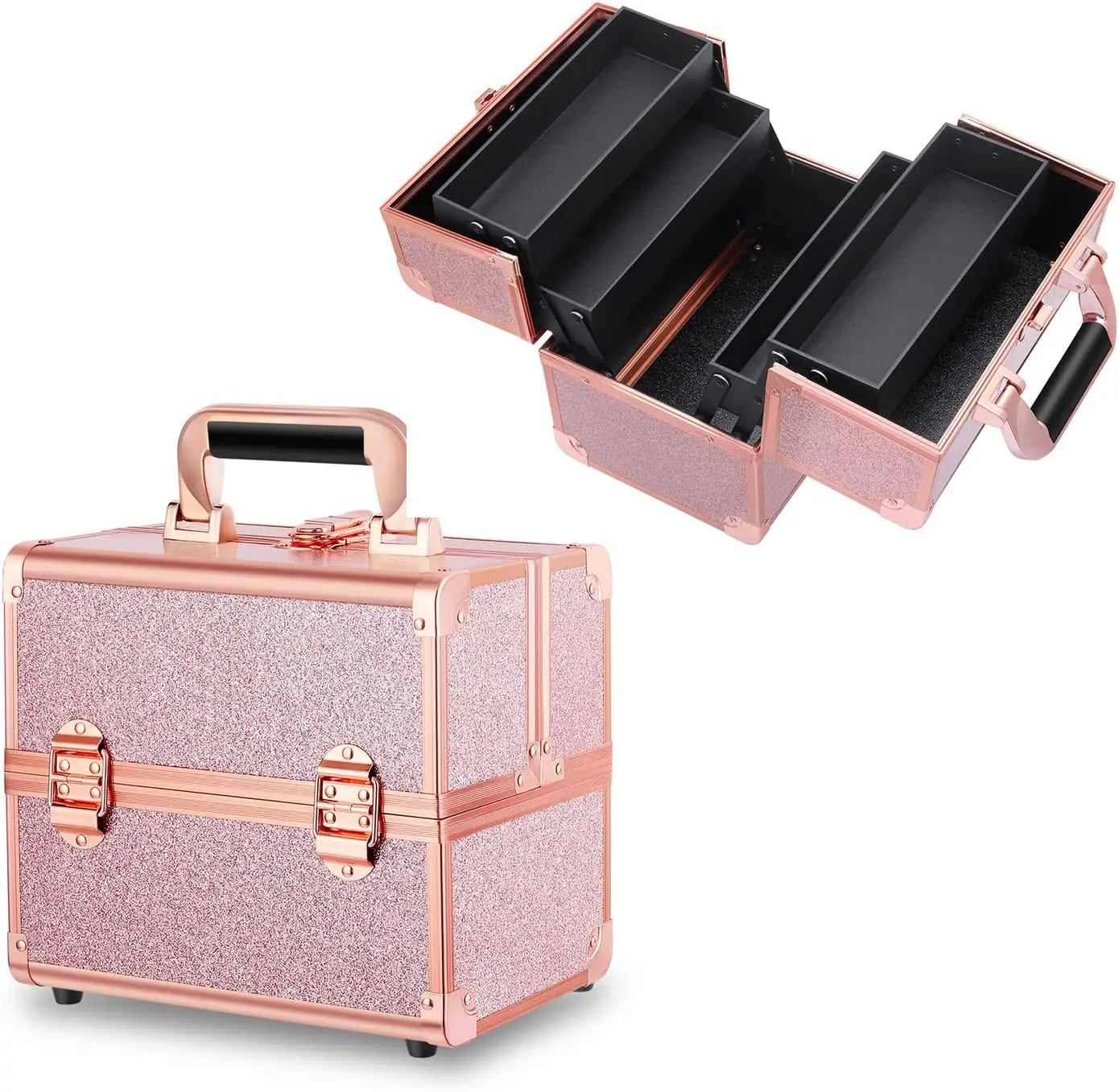 Professional Makeup Train Case with Lock Fashionable Portable Cosmetics Organizer and Trays for Nail Polish Storage