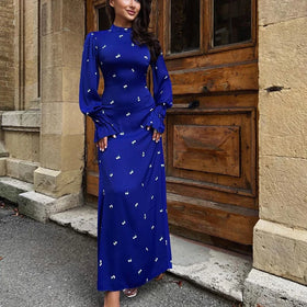 Zipped Lace-Up Long Sleeve Bodycon Satin Women's Clothing Bandage Casual Dresses Ladies Maxi Blue Floral Elegant Dress for Women