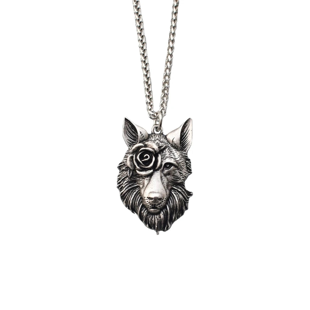 Rose Flower Vintage Animal Birthday-gift Forest Wolf Shape Amulet Jewelry Wolf Head Pendant Necklace
