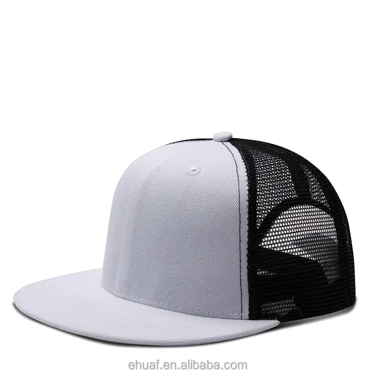 Fashion Mens Blank 6 Panel Mesh Promotion Snap Back Flat Trucker Mesh Hat