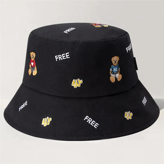 2023 Lovely Embroidery Cartoon Bear Fashion Women Bucket Hat Summer Travel Beach Sun Cotton Outdoor Fisherman Hats