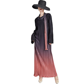 Elegant Gradient Color Pleated Material Full Length Fashion Style O Neck Abaya Muslim Woman Dresses