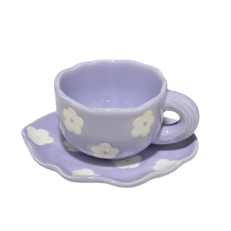 Madou Internet Celebrity's Hand-Painted Retro Ceramic Mug Orange Purple Tulip Checkerboard Butterfly Flowers Hand-Squeezed