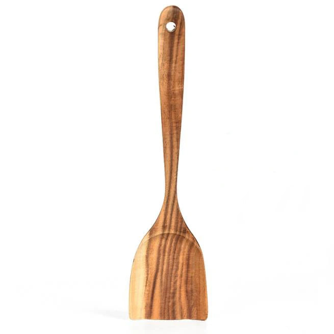 Hand Crafted Custom logo Smooth Long Handle Kitchen Teak Wooden Spatula for Cooking