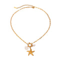 N&S 18K-Gold Stainless Steel Necklace with Vintage Style Shiny Pearl Ocean Shell Starfish Pendant 41.5+5cm Length for Gift