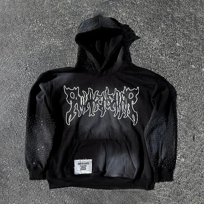 OEM Y2K Custom Acid Wash Hoodie Men Screen Print logo Heavyweight French Terry Fleece Vintage Distressed Rhinestone Hoodie