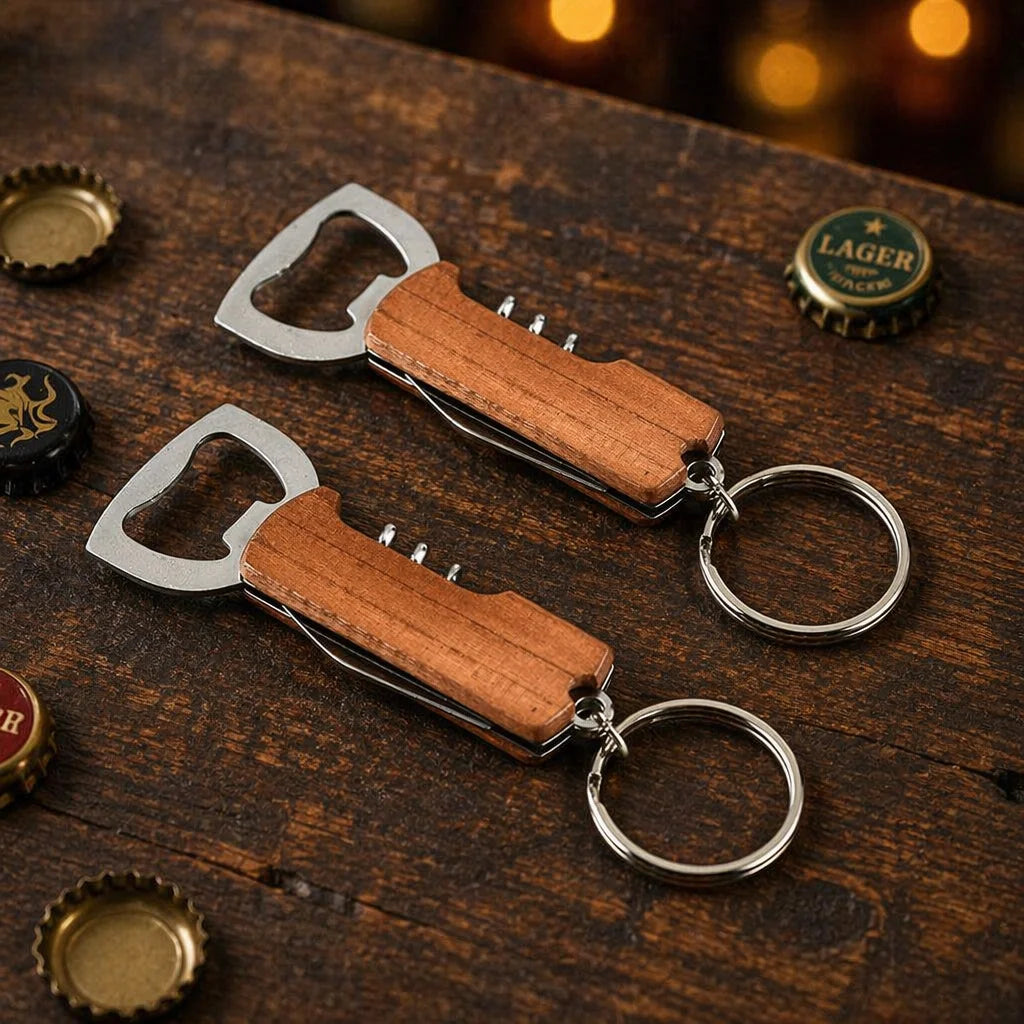 Factory High Quality Stainless Steel Multifunction Switchblade Beer & Wine Bottle Opener Keychain with Corkscrew Custom Logo