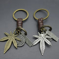 Men's Retro Woven Cowhide Keychain Leather Pendant Creative Alloy Bronze Leaf Design Direct Factory Sales