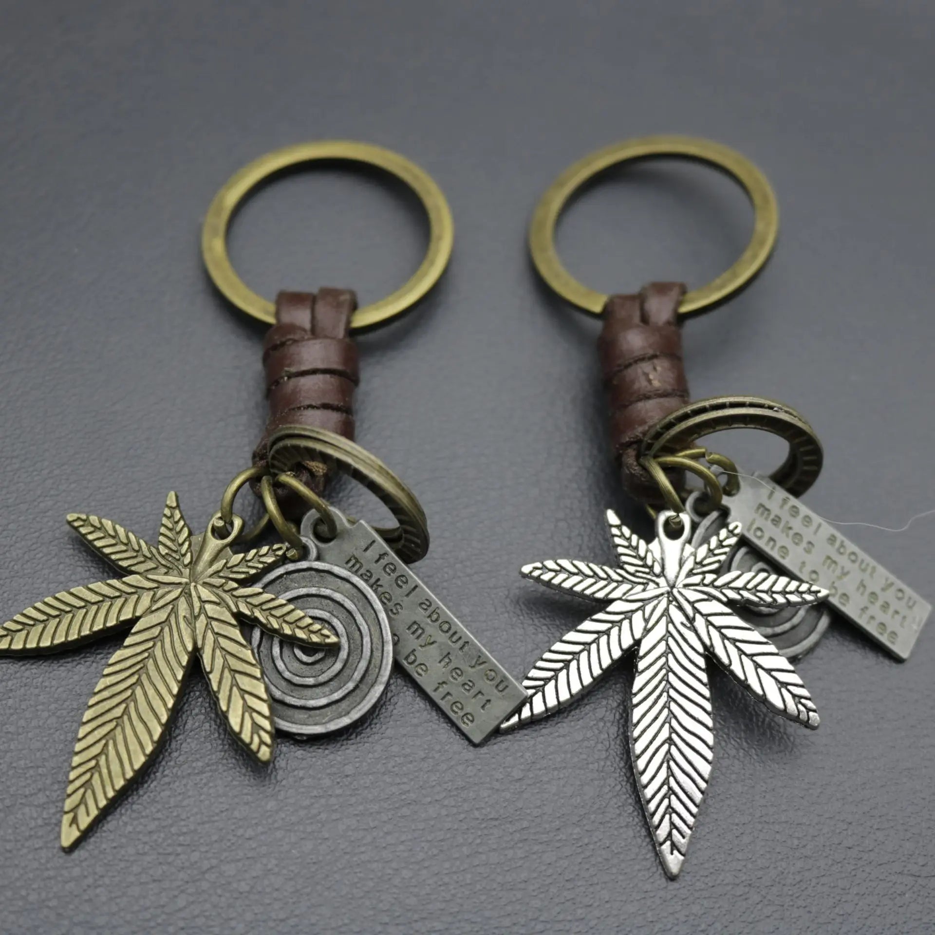 Men's Retro Woven Cowhide Keychain Leather Pendant Creative Alloy Bronze Leaf Design Direct Factory Sales