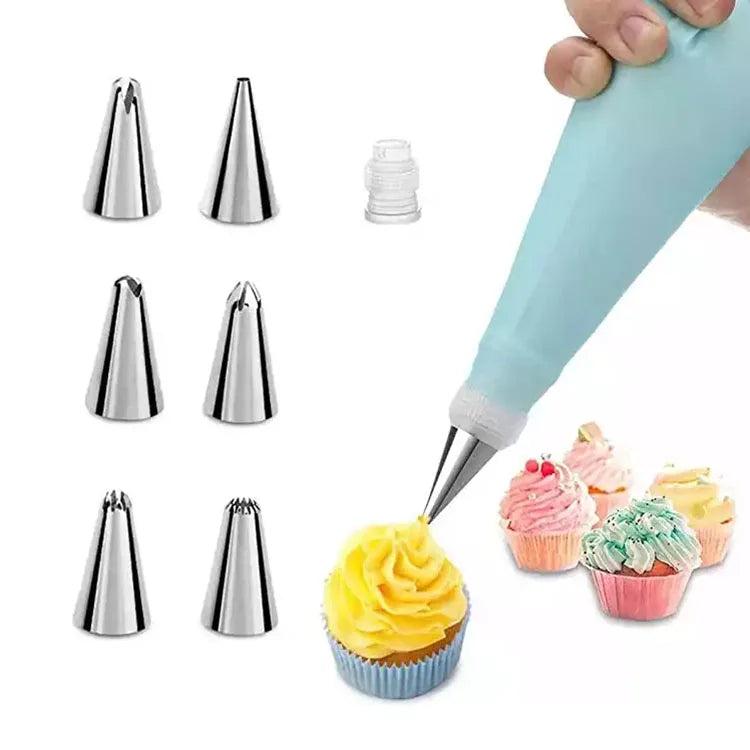 8PCS/bag Silicone Icing Piping Cream Pastry Bag + 6 Stainless Steel Cake Nozzle DIY Russian Piping Tips Cake Decorating Supplies
