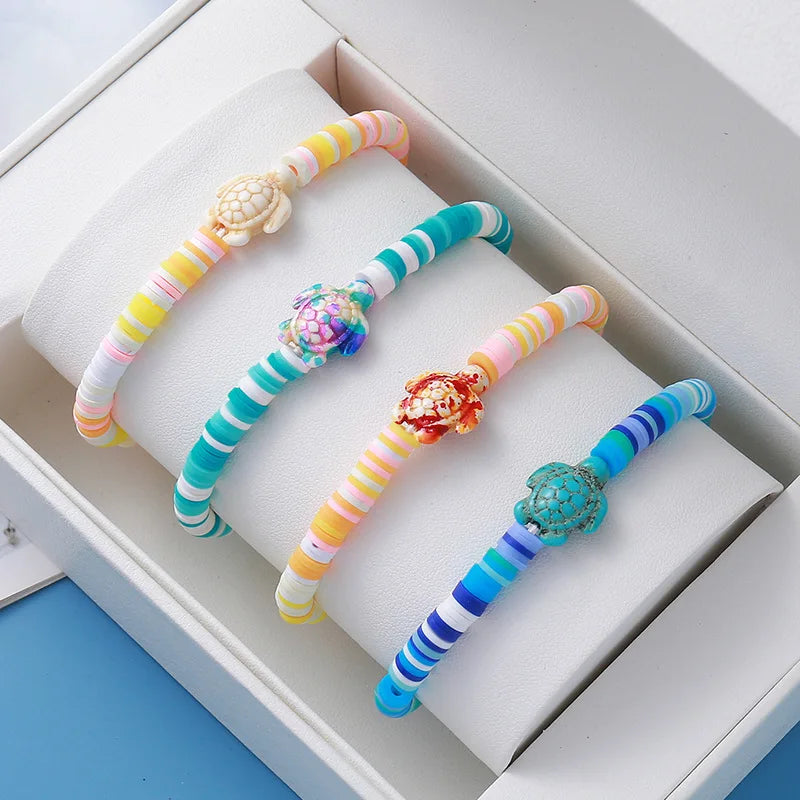 Bohemian Style Handmade Polymer Clay Turtle Charm Elastic Bracelet for Beach Holiday