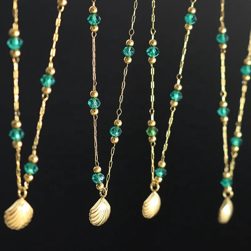 Fine Fashion Jewelry 18K Gold Plated Stainless Necklace Delicate Crystal Steel Beads Beaded Scallop Pendant Necklace for Women
