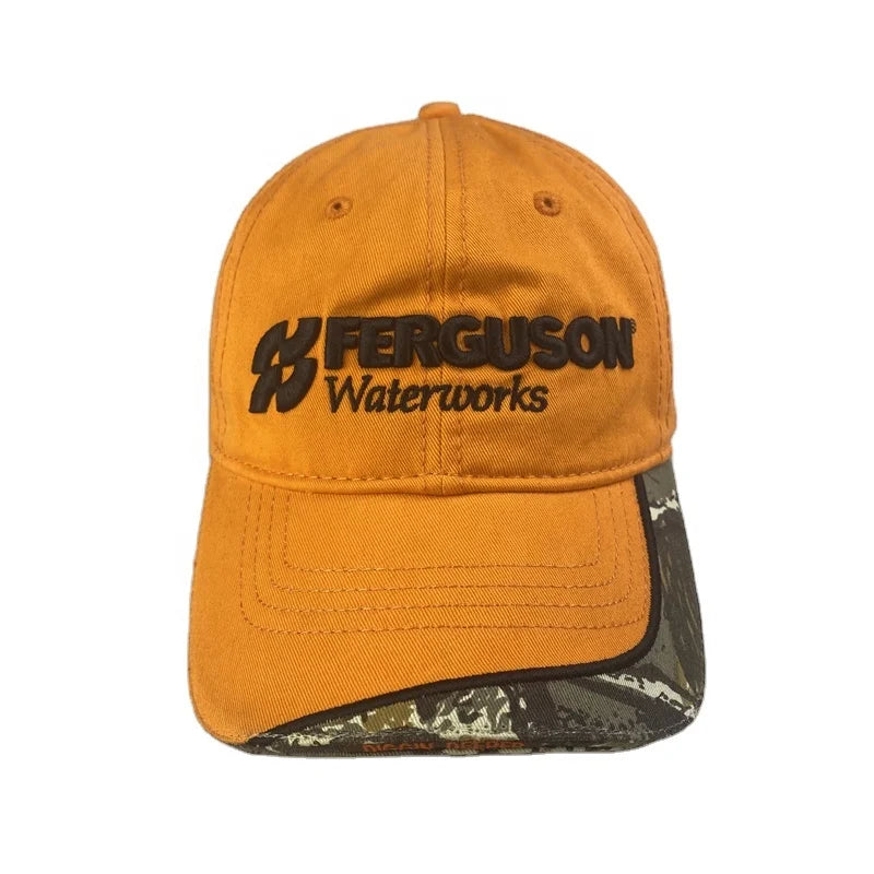 Customizable Outdoor Twill Baseball Dad Hat with Custom Logo Hand Embroidery Orange Sandwich Brim Camo Cloth & Sporty Men Women