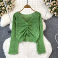 Spring & Autumn Stylish Thin Knit Top - V-Neck Loose Fit Drawstrings Openwork Korean Design