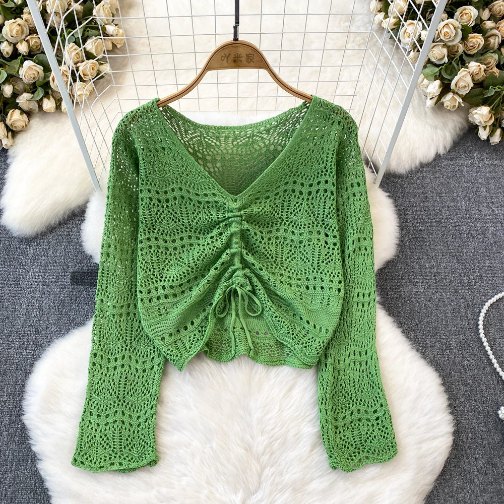 Spring & Autumn Stylish Thin Knit Top - V-Neck Loose Fit Drawstrings Openwork Korean Design
