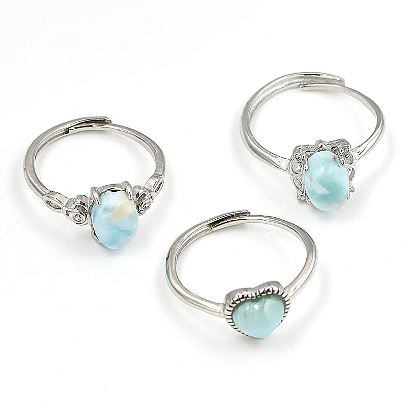 Exquisite 6*8mm Brass Adjustable Natural Crystal Lovely Larimar Oval Ring