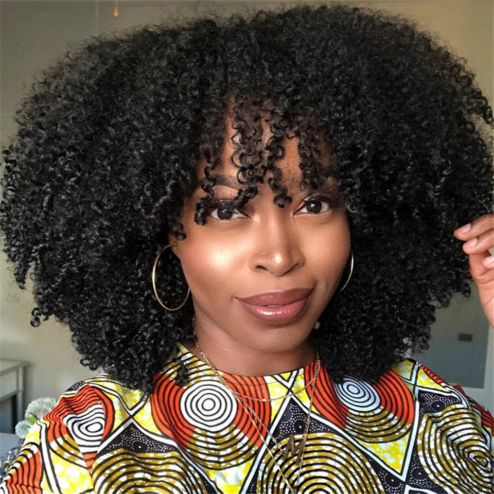 Top Grade Human Hair Wigs Perruques-Naturel Cheveux Humain Virgin Hair Afro Kinky Curly Wig With Bangs Full Machine Made