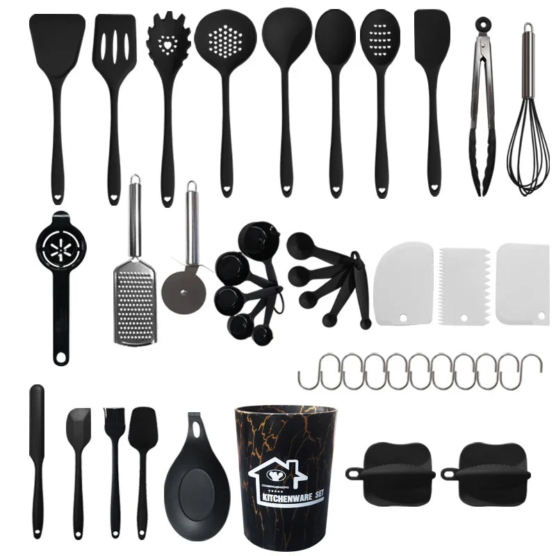 Kitchen Utensils Set With Handle BPA Free Silicone Cooking Utensils Set With Holder for Dishwasher Safe