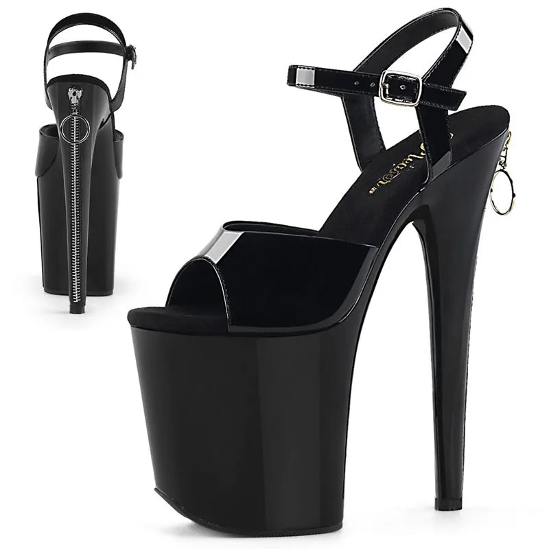 Black Thin Heel Models 20cm Fish Mouth Leakage Toe Strip Dance Pole Dance High Heels Gothic Ultra-high Exotic Dancer Boots