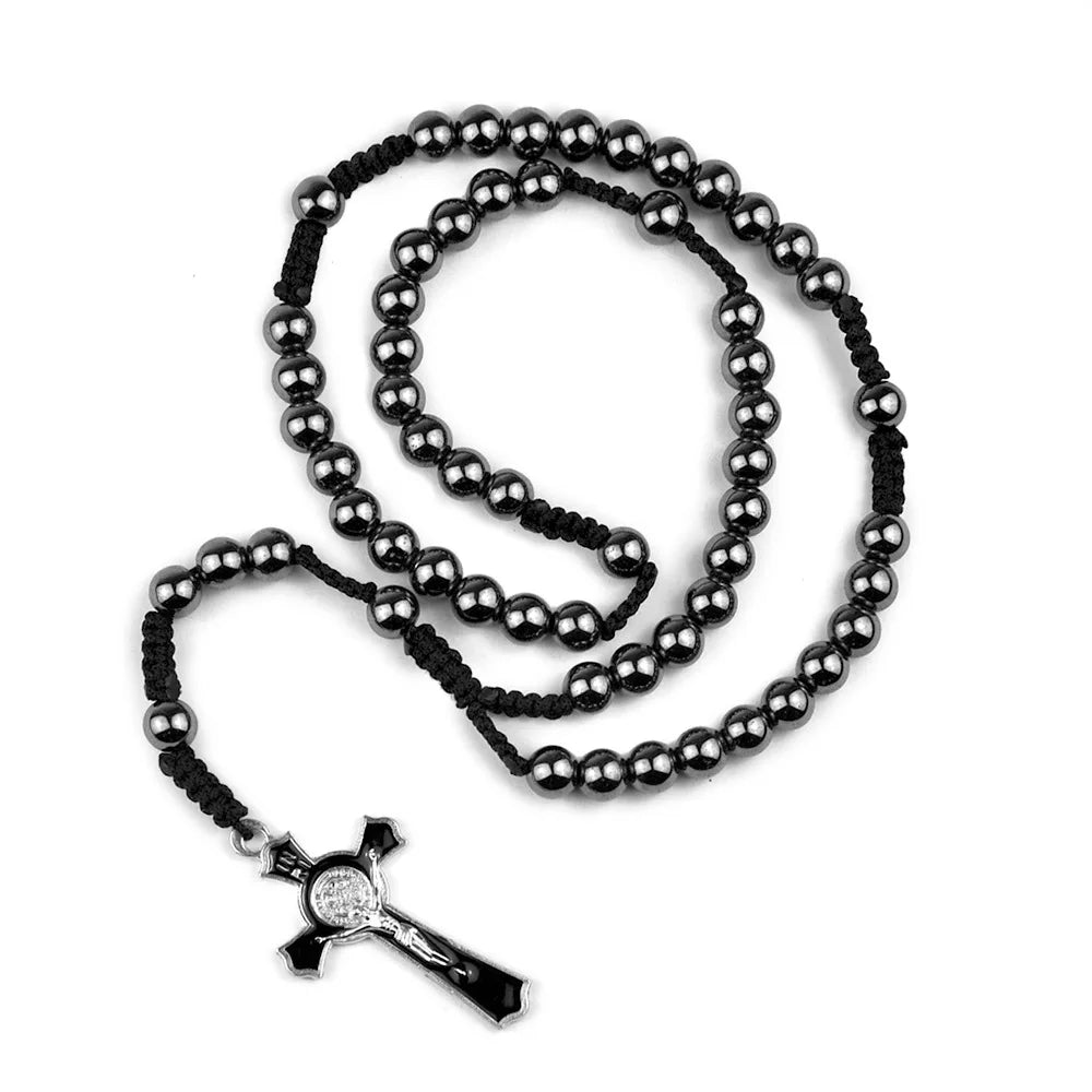 Hematite Stone Beads Prayer Cord Rosaries Necklace Religious Gift Saint Benedict Cross Women Men Handmade Rosary Chains