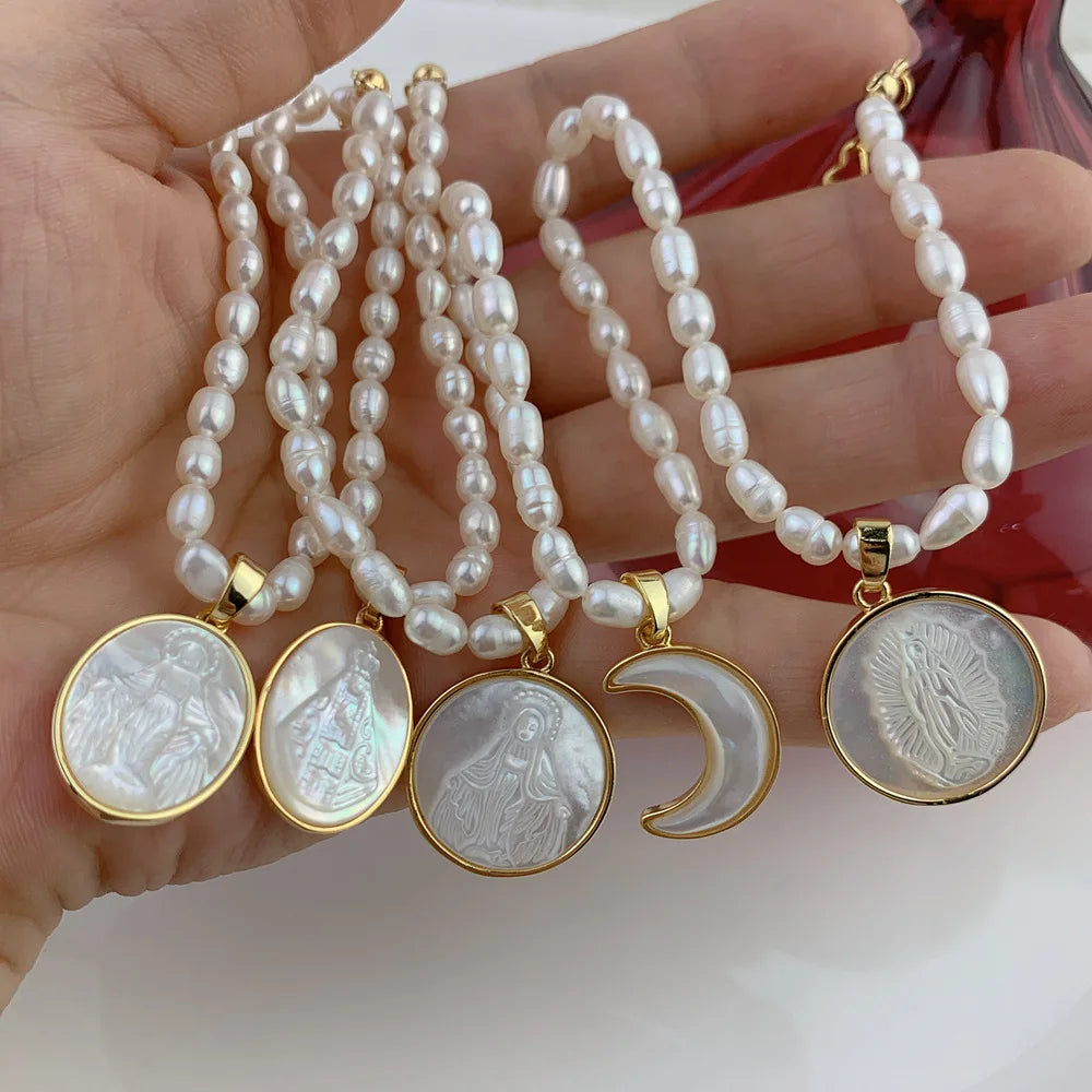 Wholesales Shell Freshwater Pearl Choker Necklace Collier Femme Fashion Religious Virgin Mary Lucky Charm Necklace