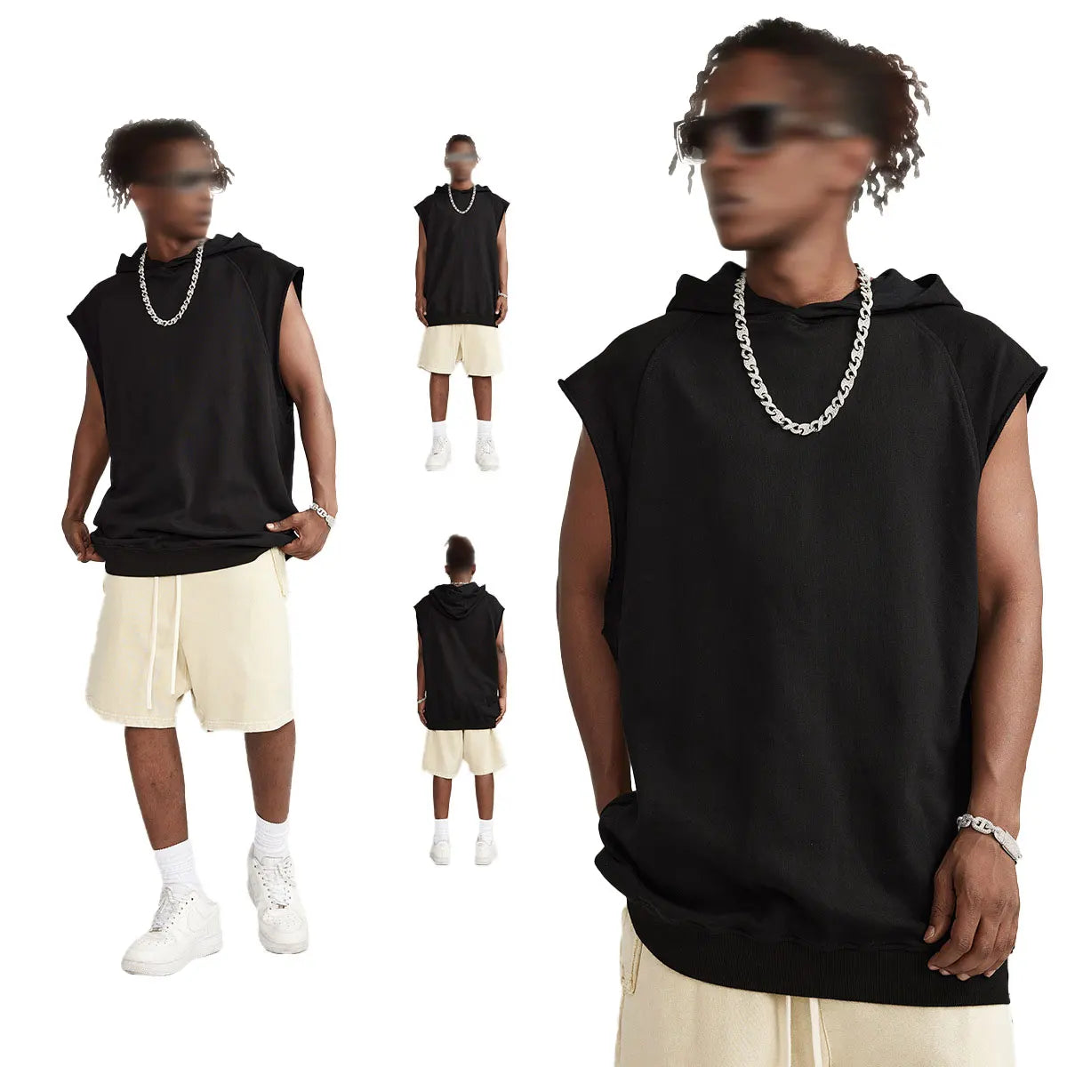 High Quality Wholesale Custom Logo Printed Tshirt Black Gym Sleeveless Drop Shoulder Hoodies for Men