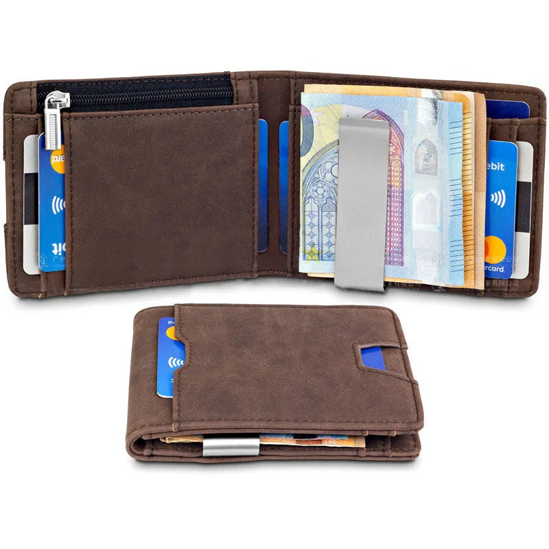 Classic Brown Leather Men's Wallet with Open Closure RFID Blocking & Minimalist Design Short Length & Credit Holder Features