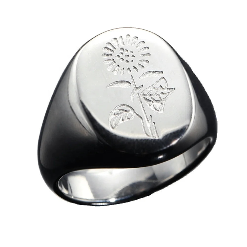 New Simple Oval Printed Small Chrysanthemum Ring Trend Stainless Steel Jewelry Factory Wholesale