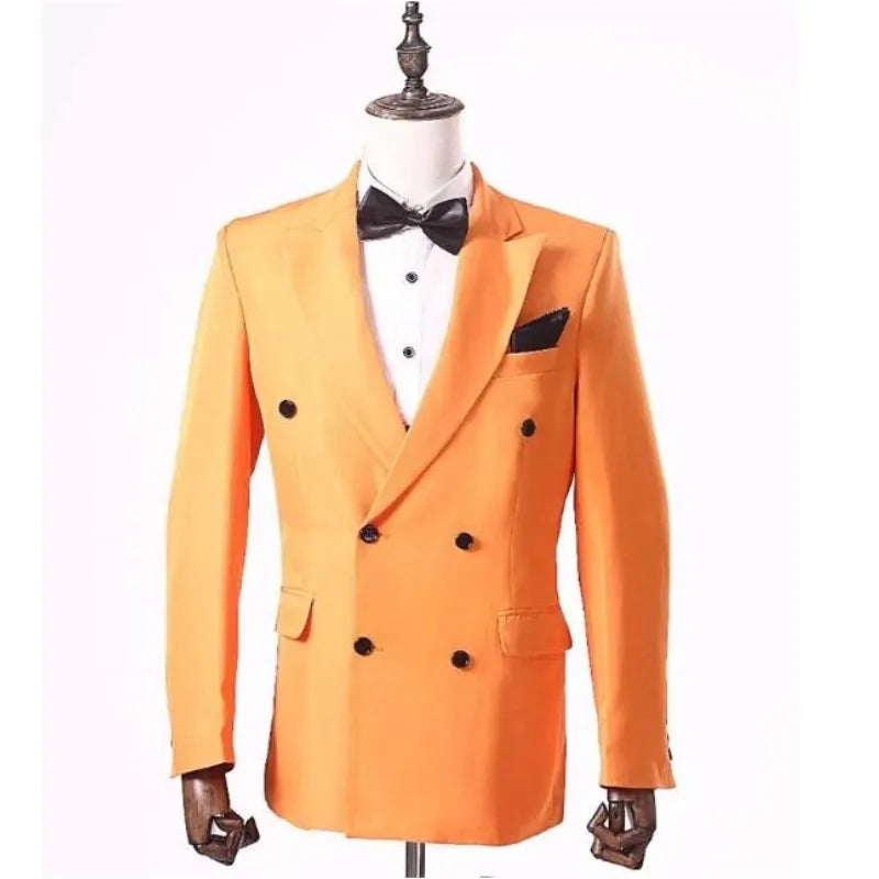 Orange New Men's Suit Double Breasted Point Collar Slim Wedding Groom Banquet Formal Suit (Jacket + Pants)