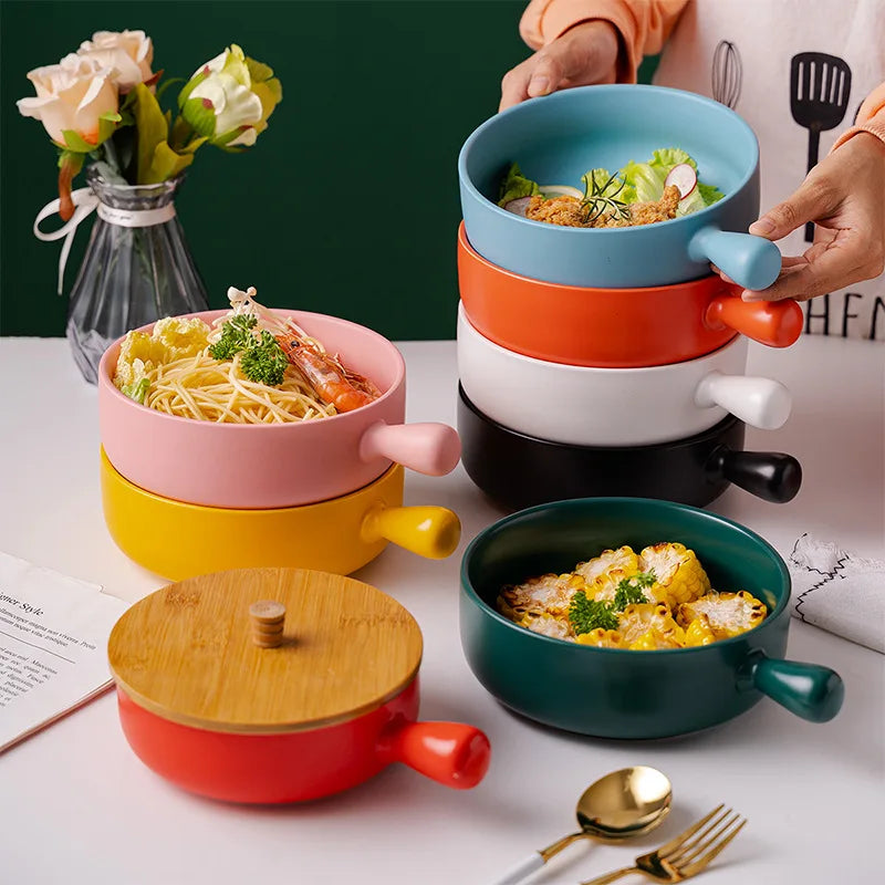 Nordic Style Household Tableware Flat Bottom Ceramic Baking Rice Food Pasta Plate Soup Noodle Bowl Salad Bowl with Handle