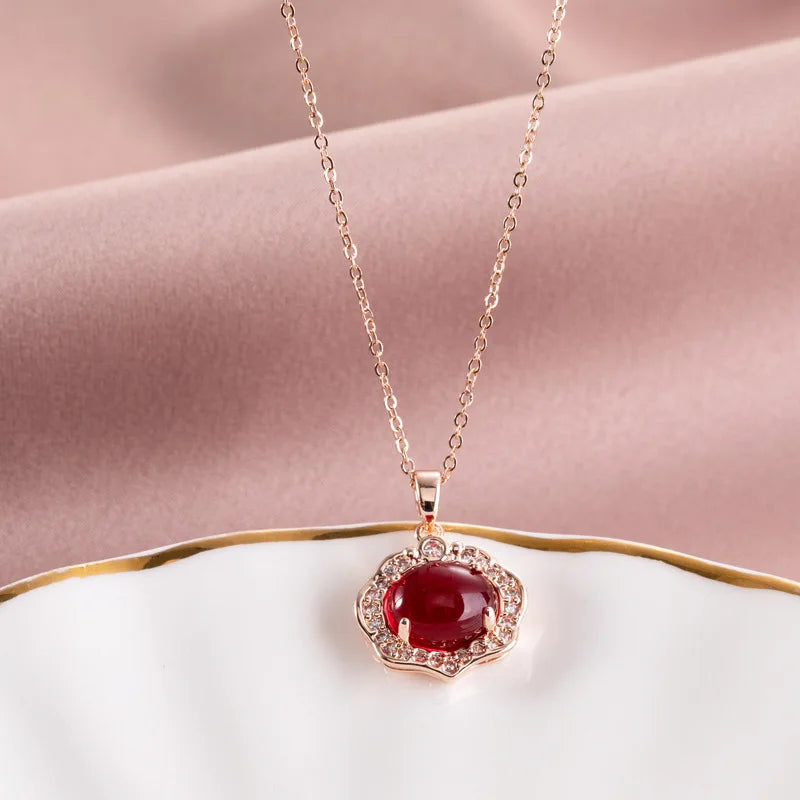 Trendy Lucky Jewelry Natural Ruby Jade Pendant Necklace Rose Gold Stainless Steel Chain Clavicle Necklace for Girls