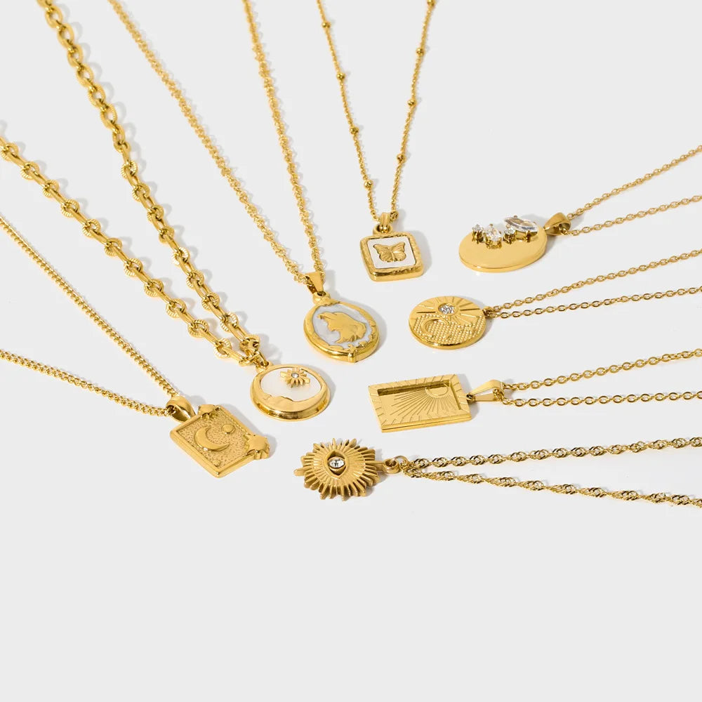 Wholesale Stainless Steel Retro 18K Gold Plated Engagement Accessories Irregular Disc Sun Moon Butterfly Pendant Necklace Women