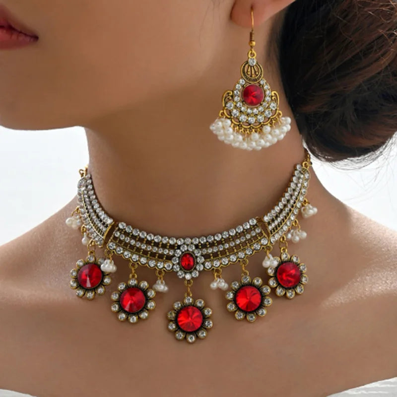 DAIHE Set-3387 Bohemian Style Fashion Vintage Ruby Necklace Jewelry Set Dainty Exaggerated Pearl Drop Earrings for Women