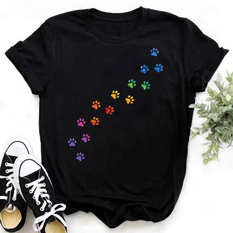 Women Dogs Paws Love Heart Printed T-shirts Fashion Summer Short Sleeve Lady Womens Clothes Tops T-Shirt Black Shirt Tees Female