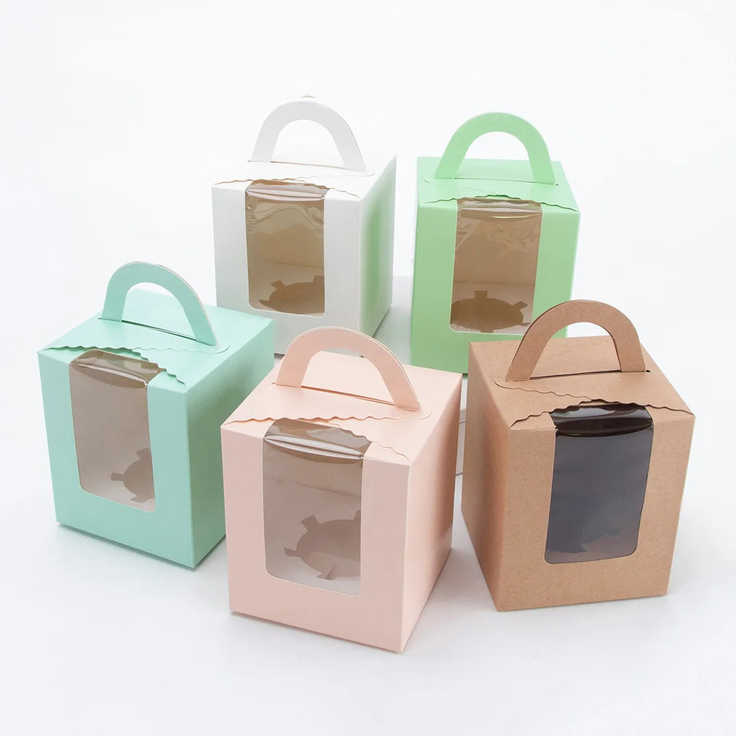 Custom Portable Square Cupcake Takeaway Multi-color Recycled Paperboard Food Safe Packaging Window Embossed Design Eco-Friendly