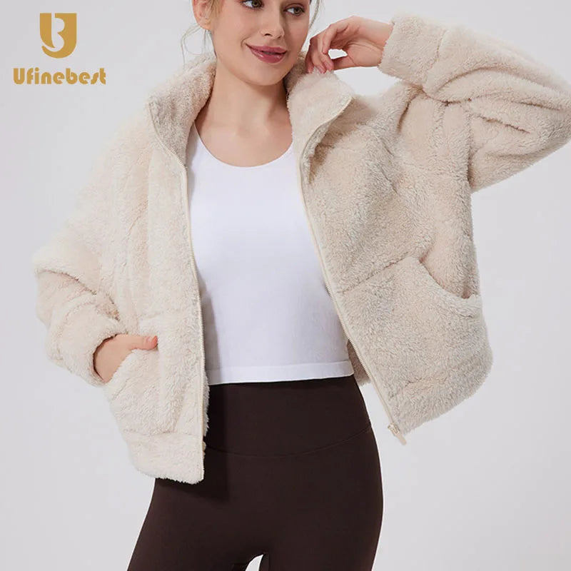 Custom Wholesale Women Sports Clothing Outdoor Warm Fitness Stand Collar Fleece Thickened Zipper Yoga Jacket