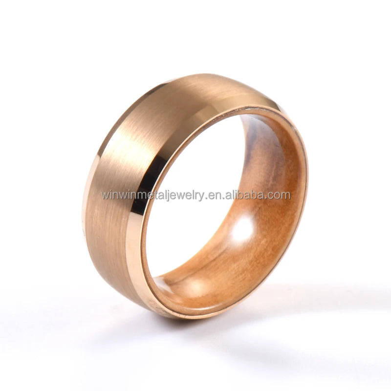Men's Unisex 8mm Rose Gold Tungsten Carbide Wedding Ring Fashionable Religious Olive Wood Insert Beveled Edges Engagement
