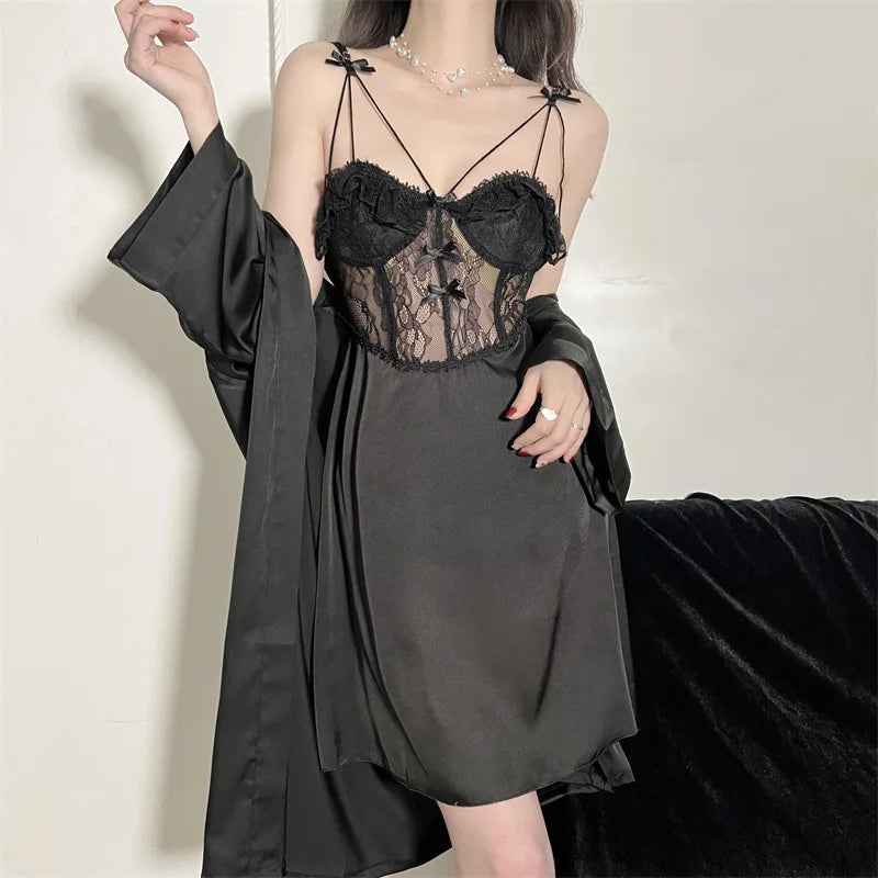 2025 New Style Sexy Pajamas Women With Chest Pad Summer Lace Hollowed Out Bow Nightdress Nightgown Temptation Two-piece Set Thin
