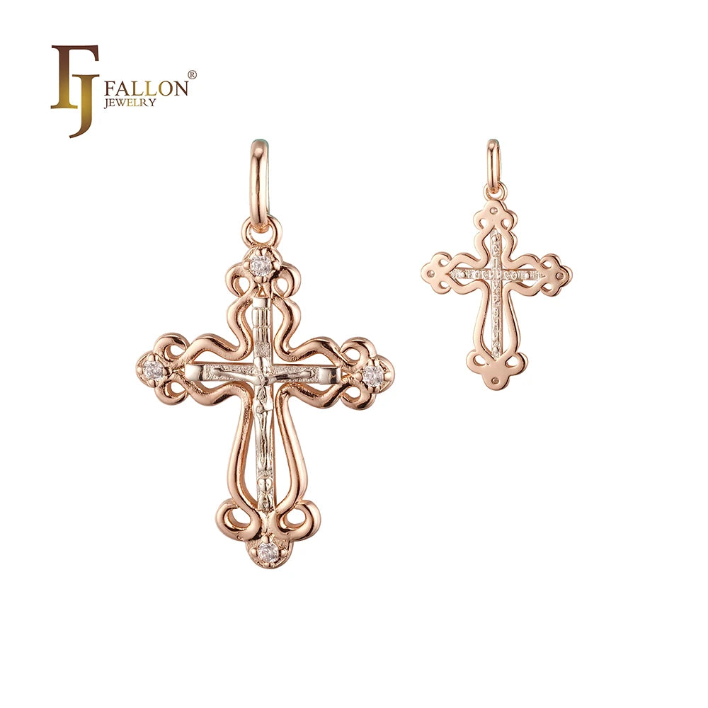 FJ Fallon Fashion Jewelry Cross Pendant Plated in Rose Gold Two Tone Brass Based