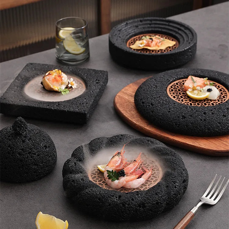 Creative Restaurant Dry Ice Dishes and Plates Volcanic Rock Design Japanese Sashimi Sushi Salmon Seafood Serving Plate Dinner Pl