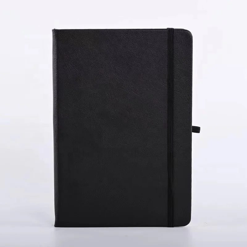 Custom Logo Black Faux Leather Plain Notebook Lined Dot Journal Cheaper Student Office Hardcover Note Book Paper Diary With Band