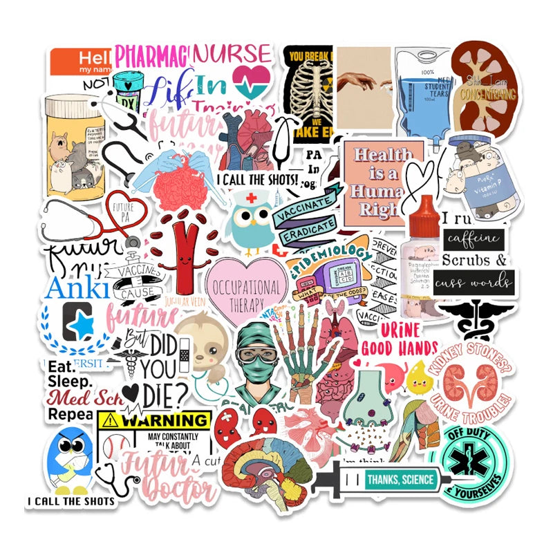 50Pcs Cartoon Doctor Nurse Stethoscope Graffiti Vinyl Waterproof Sticker for Phone Laptop Bottle Notebook Custom Hospital Label